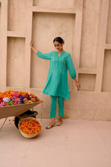 Turquoise georgette co ord set with pleats and embroidered yoke - Sohni