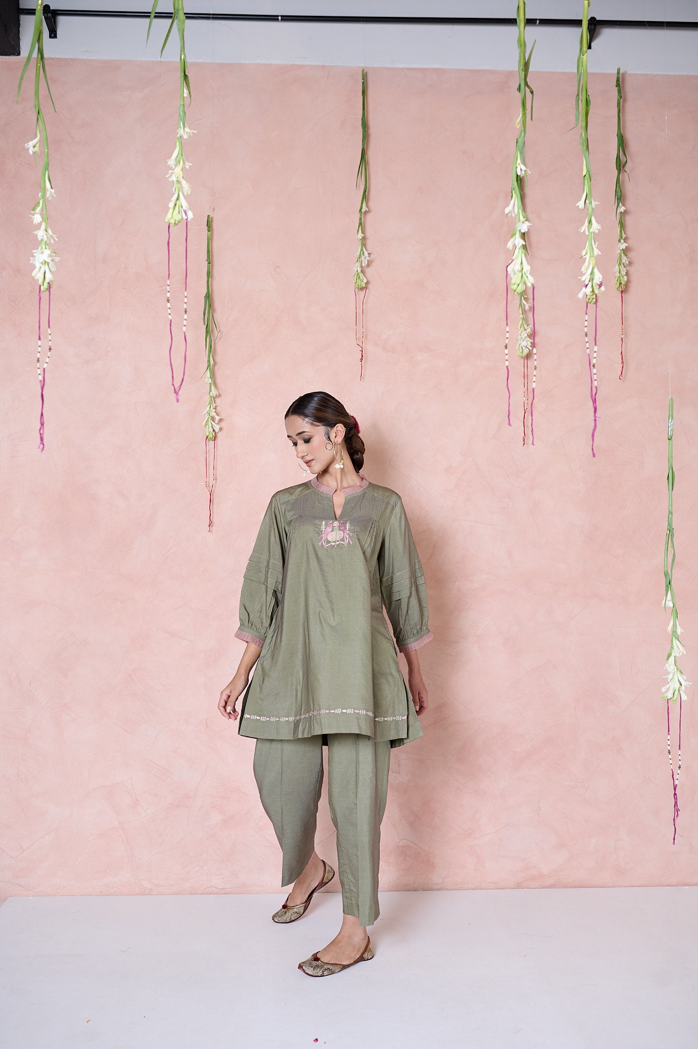 Sage green cotton silk co ord set with birds motif - Sohni