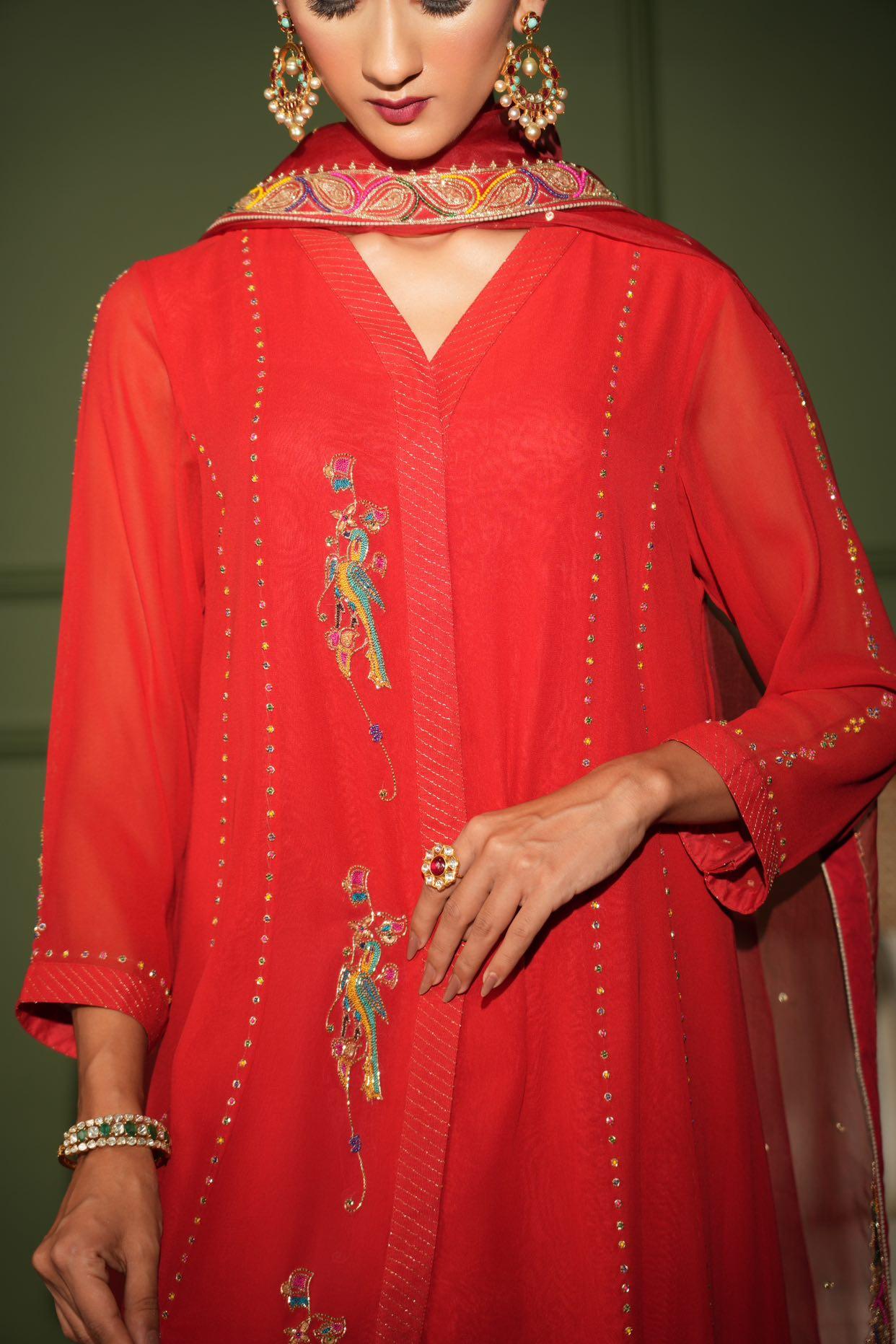 Red overlap kurta set with peacock motifs - Sohni
