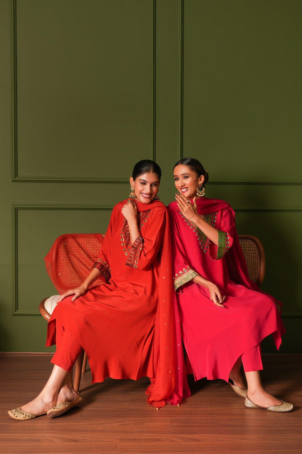 Rani pink asymmetrical kurta set with antique brocade borders - Sohni