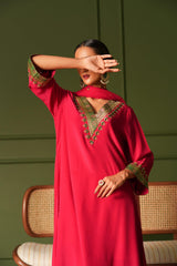 Rani pink asymmetrical kurta set with antique brocade borders - Sohni