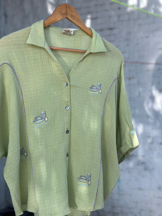 Cucumber green dolman sleeves crinkle cotton top with Worli boat motif
