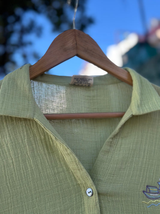 Cucumber green dolman sleeves crinkle cotton top with Worli boat motif