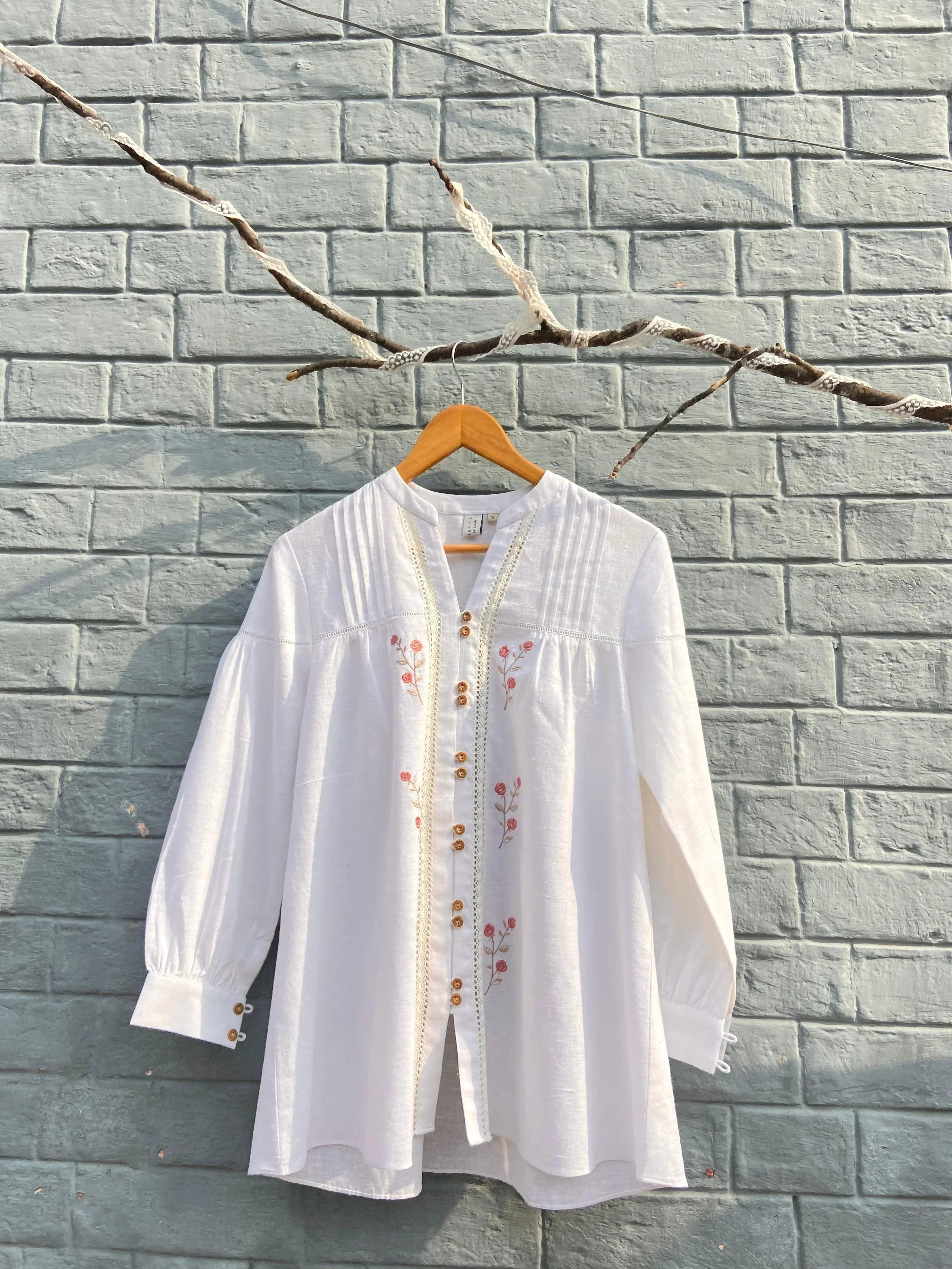 White cotton button down embroidered tunic top with schiffli