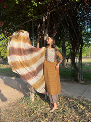 Gold brown mangalgiri cotton kurta with striped pants and lehriya kota dupatta