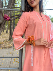 Peach pink mangalgiri embroidered kurta with block kota dupatta