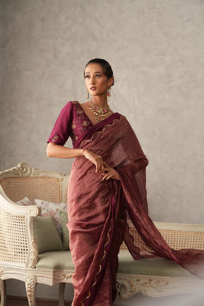 Burgundy striped tissue saree with sequinned waves embroidery - Sohni