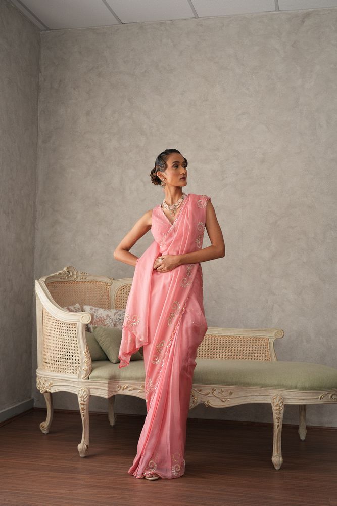 Bubble gum pink silk organza saree with boota embroidery border - Sohni