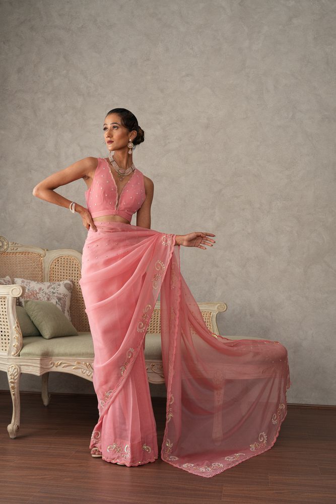 Bubble gum pink silk organza saree with boota embroidery border - Sohni