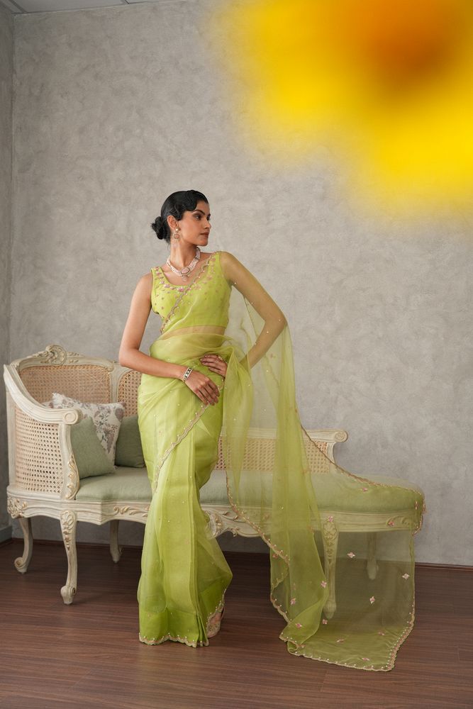Lime green organza saree with floral embroidery blouse - Sohni
