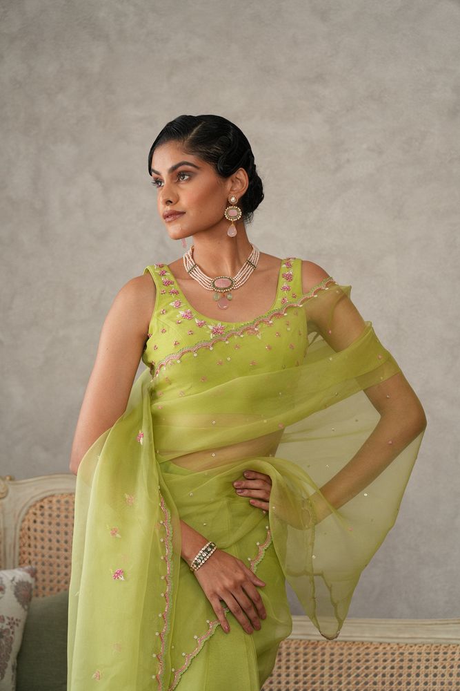 Lime green organza saree with floral embroidery blouse - Sohni