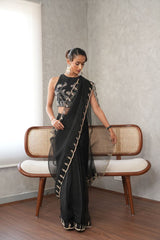 Black organza scalloped edge saree with paisleys embroidery blouse - Sohni