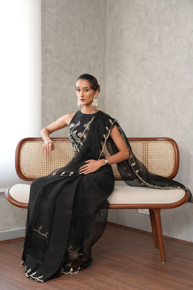 Black organza scalloped edge saree with paisleys embroidery blouse - Sohni
