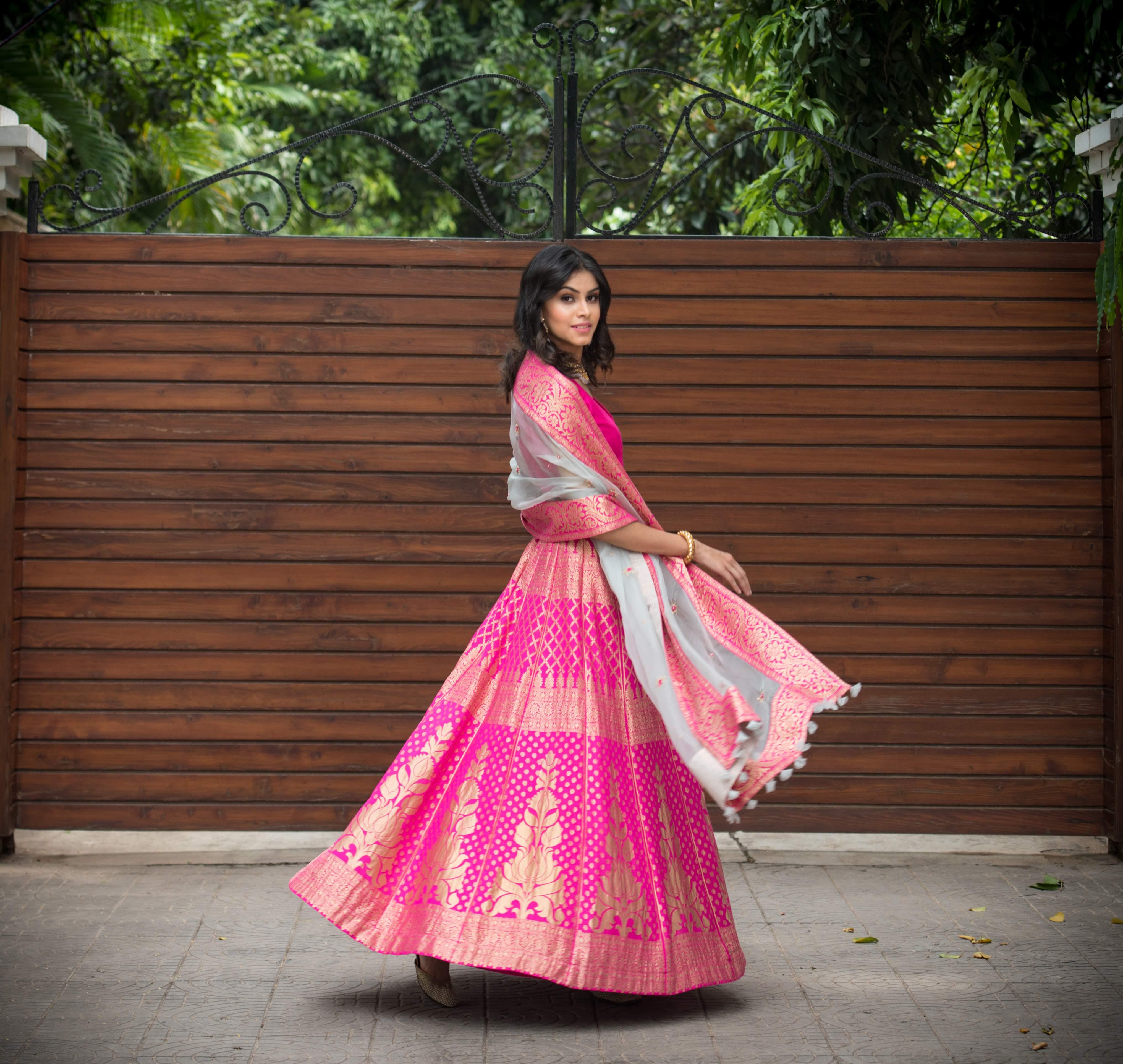 Indian pink hand woven Banarasi lehnga set
