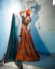 Farozaan burnt orange and peacock silk lehnga set with organza dupatta - Sohni