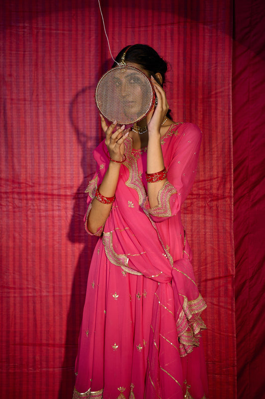 Mithai pink gota booti anarkali with salwar and zari cutwork scalloped dupatta - Sohni