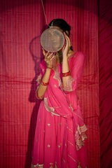 Mithai pink gota booti anarkali with salwar and zari cutwork scalloped dupatta - Sohni