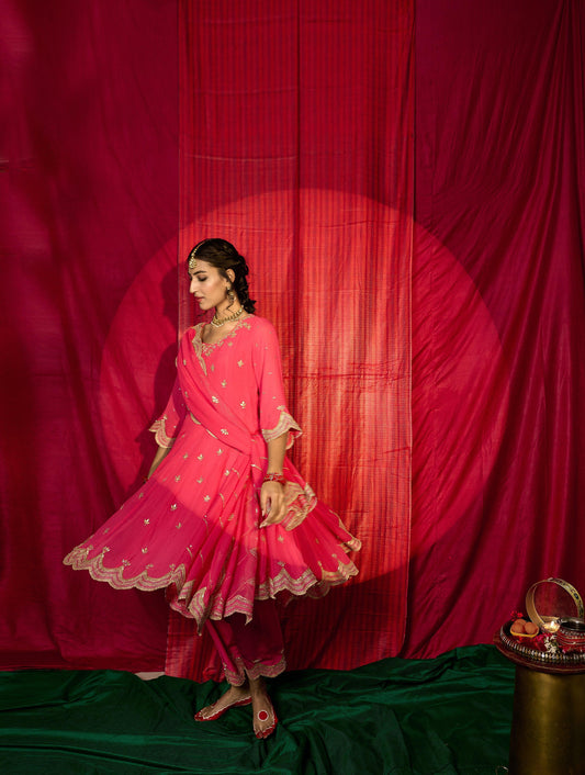 Mithai pink gota booti anarkali with salwar and zari cutwork scalloped dupatta - Sohni
