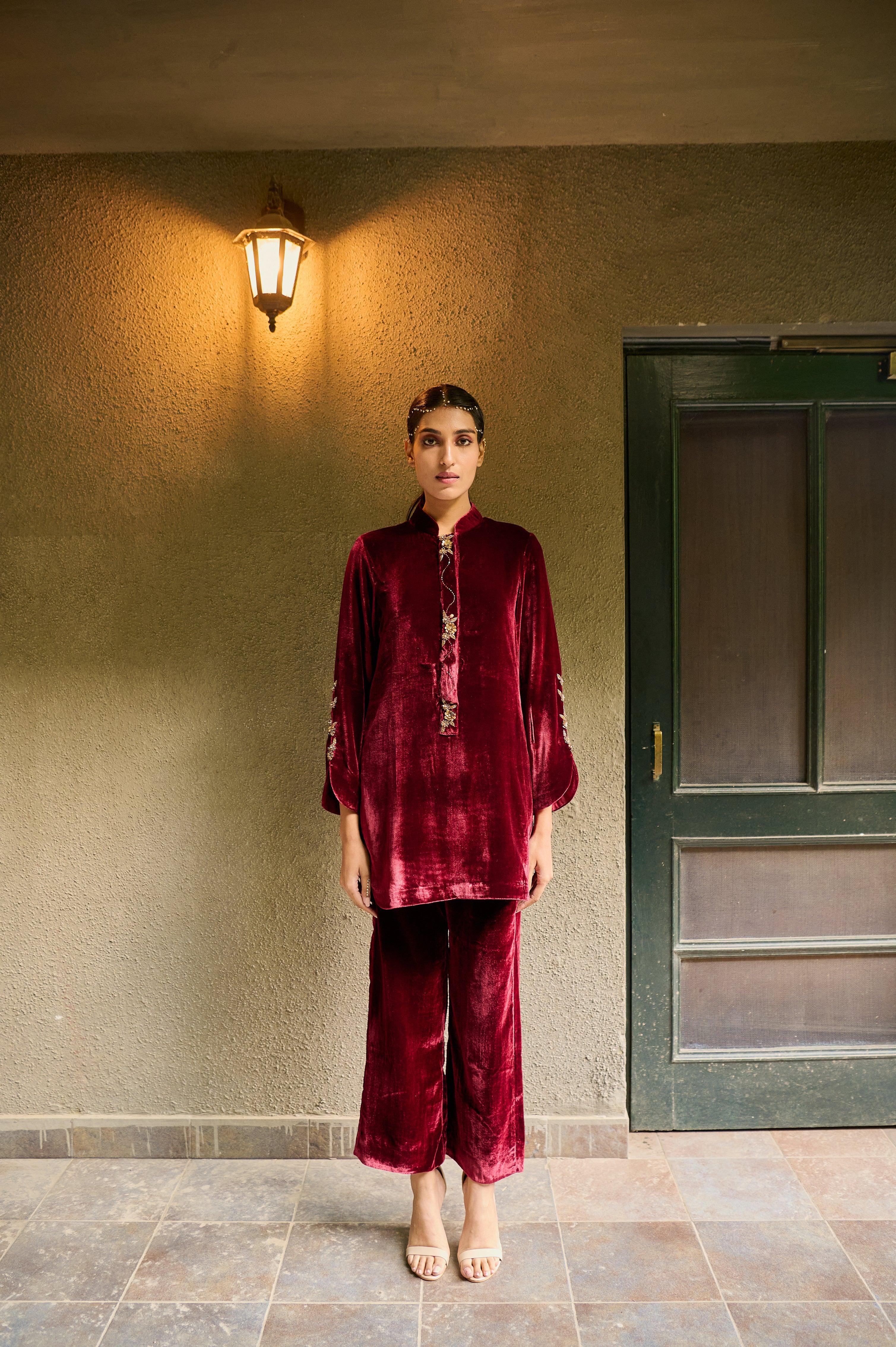 Claret red velvet tunic and pants coordinate set