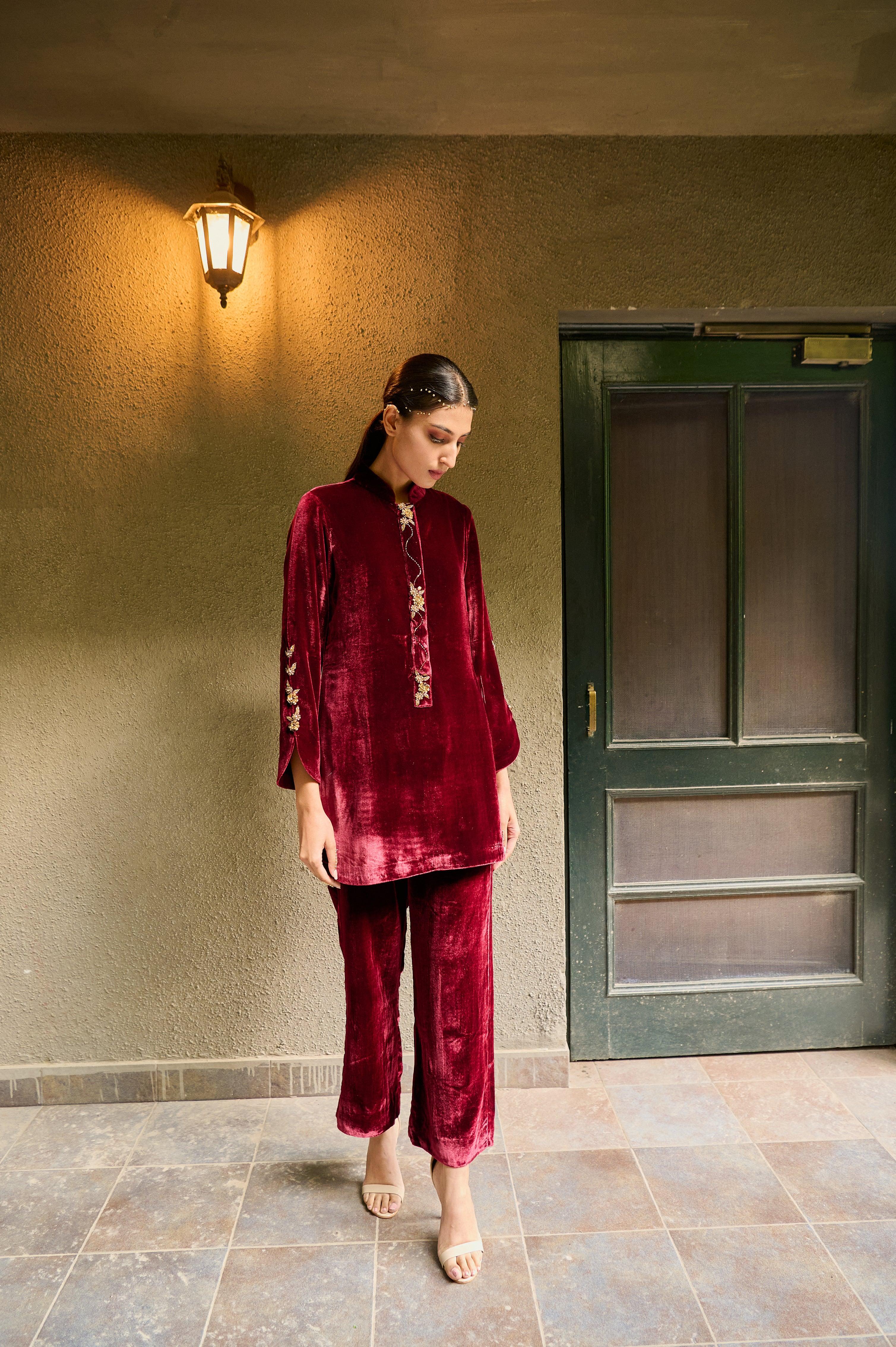 Claret red velvet tunic and pants coordinate set - Sohni