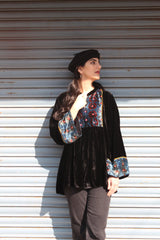 Black velvet tunic top with ajrakh print yoke and flared long sleeves - Sohni
