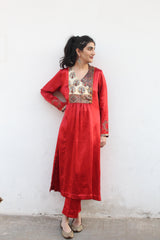 Red mashru angrakha yoke kurta with pants - Sohni
