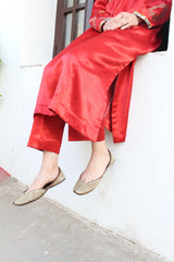 Red mashru angrakha yoke kurta with pants - Sohni