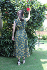 Green leaves organic hand print shirt dress - Sohni