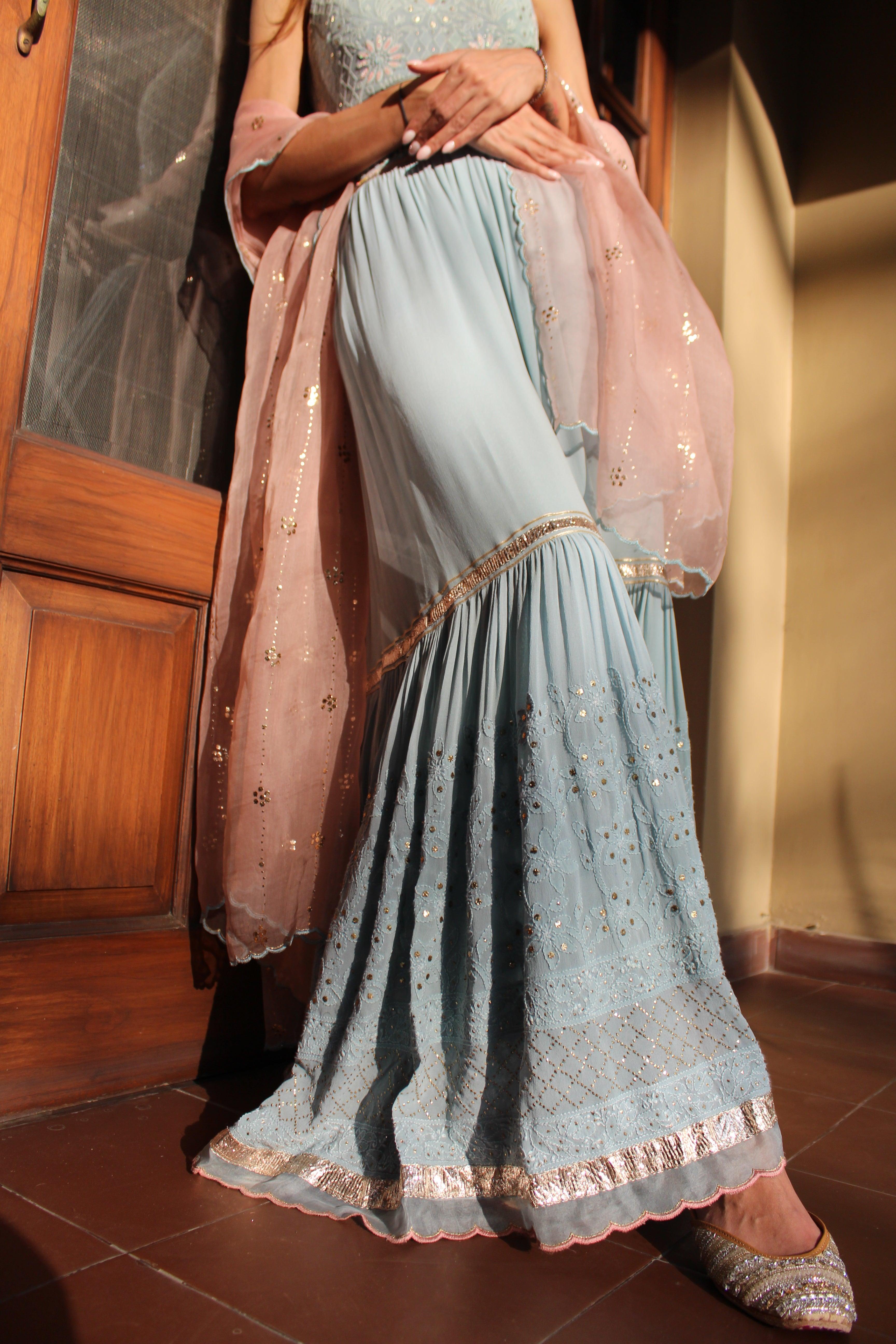 Powder blue chikankari blouse and garara set with pink organza mukaish dupatta - Sohni