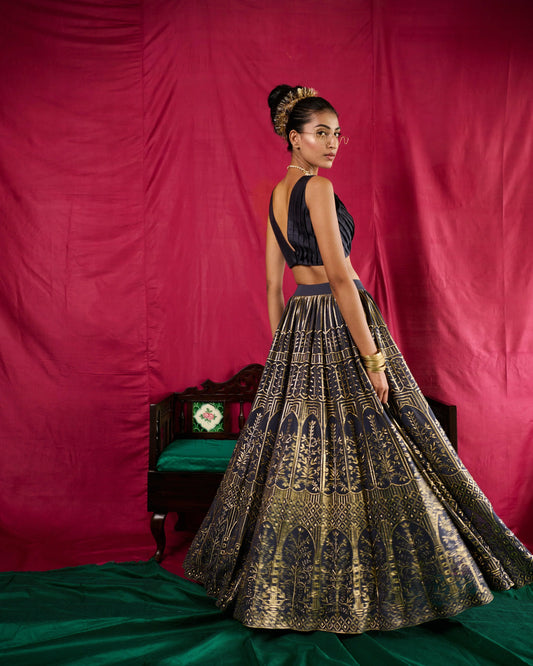 Space blue mughal jaal lehenga skirt with pleated blouse - Sohni