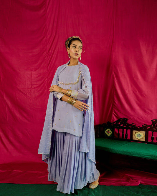 Lavender gota and sequins worked short kurta with pleated thread embroidered garara and dupatta - Sohni