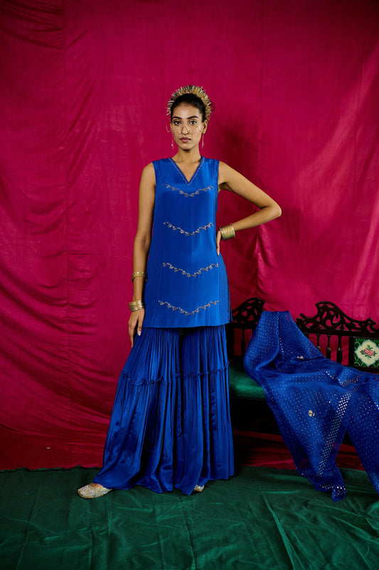 Electric blue short kurta with tiered garara and mukaish organza dupatta - Sohni
