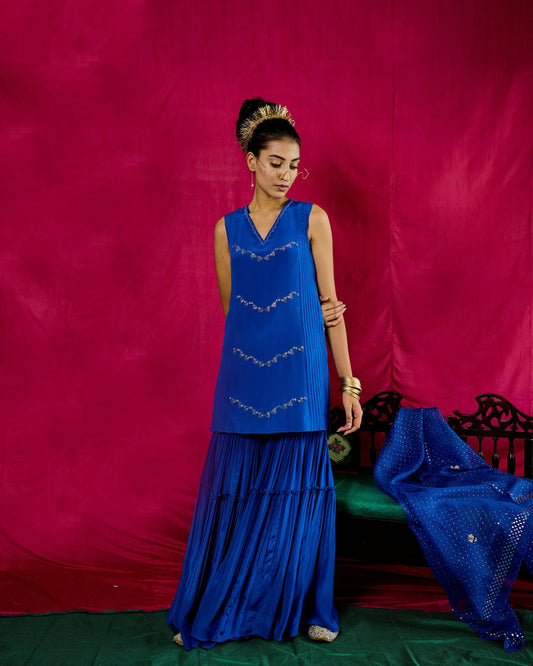 Electric blue short kurta with tiered garara and mukaish organza dupatta - Sohni