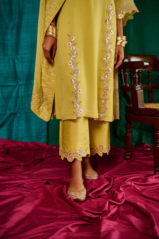 Chartreuse gota patti kurta and palazzos with katdana border dupatta - Sohni