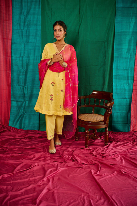 Yellow tissue chanderi short kurta and salwar with floral embroidery and lehriya organza dupatta - Sohni