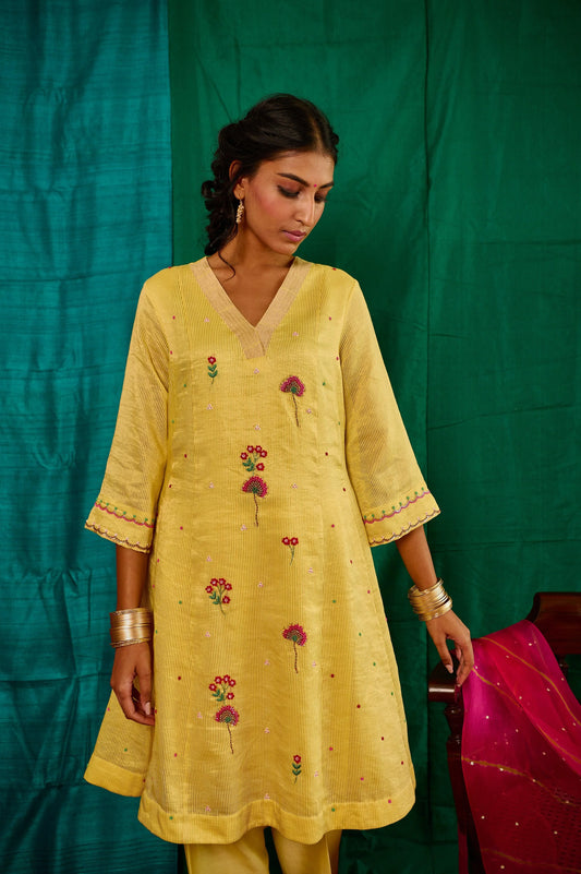 Yellow tissue chanderi short kurta and salwar with floral embroidery and lehriya organza dupatta - Sohni