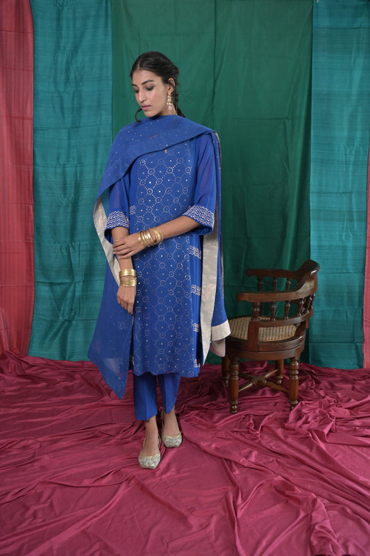 Electric blue mukaish panel kurta with pants and mukaish dupatta - Sohni