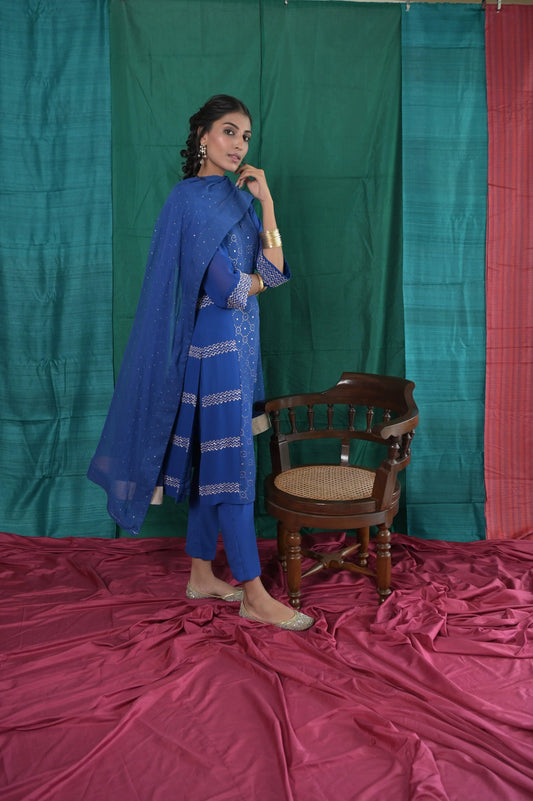 Electric blue mukaish panel kurta with pants and mukaish dupatta - Sohni
