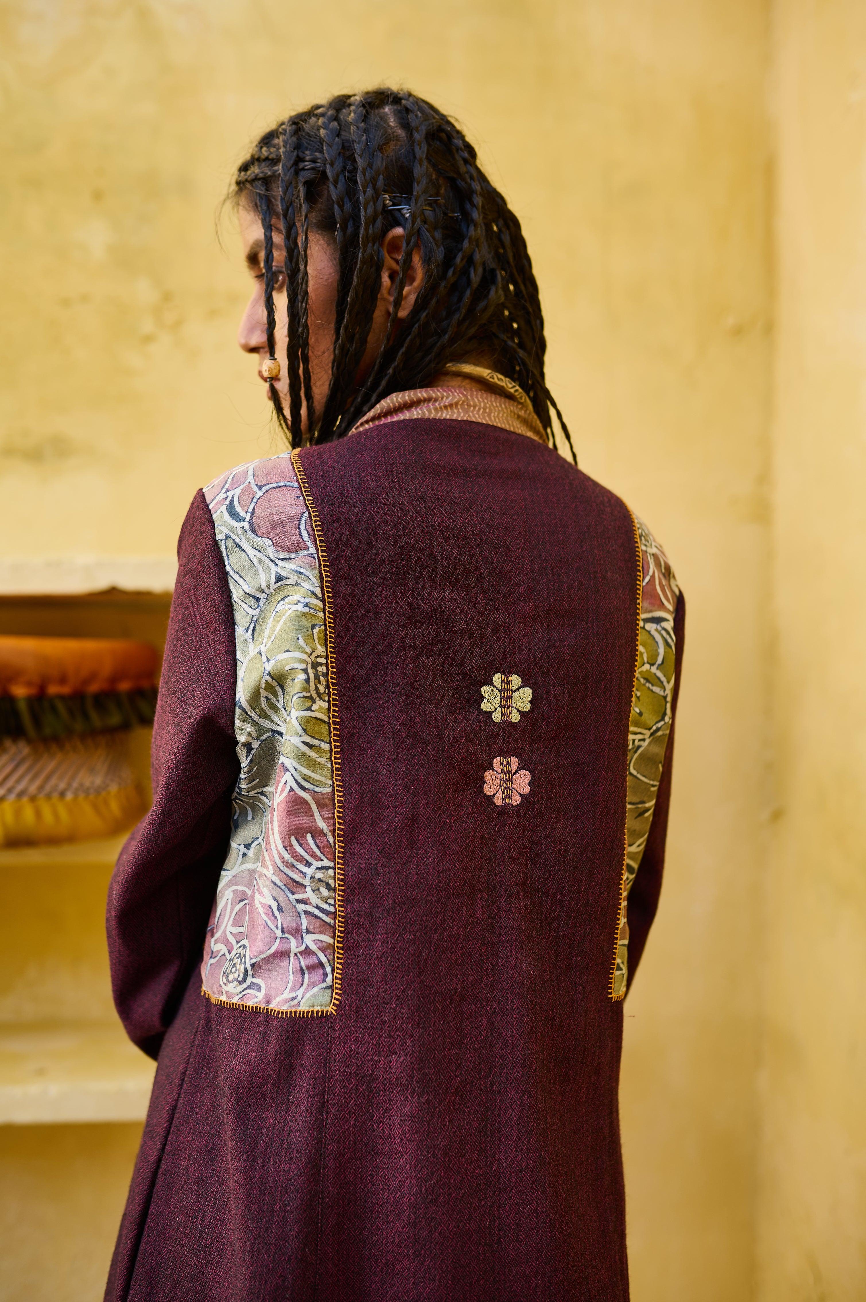 Plum purple silk tweed phiran with batik print and silk kantha detail - Sohni