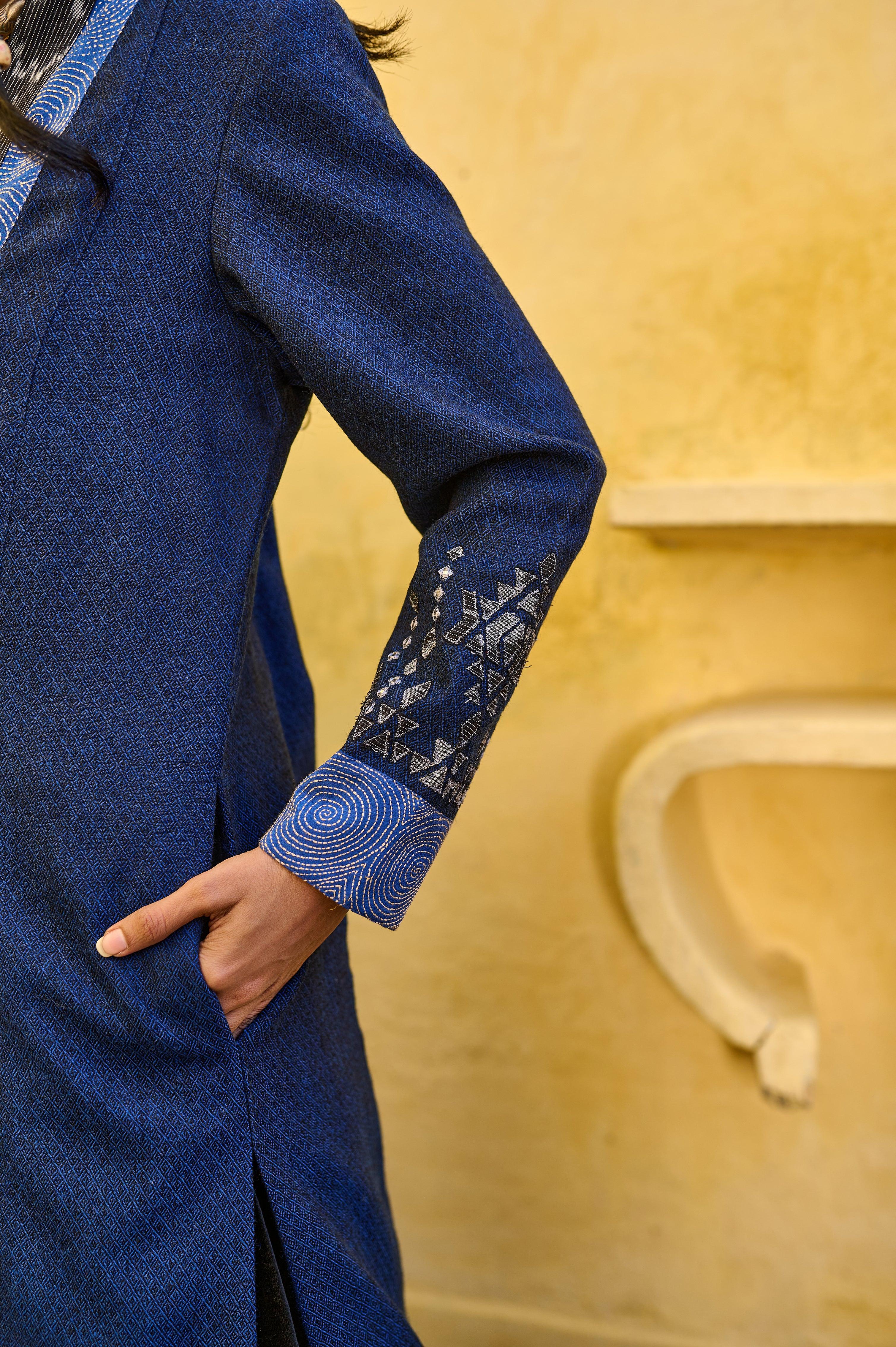 Electric blue silk tweed jacket with ikat and kantha detail - Sohni