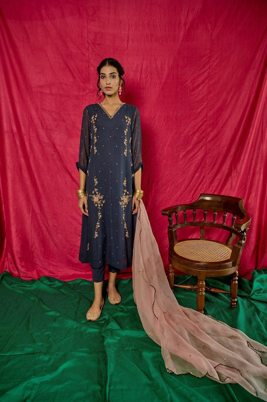 Airforce blue embroidered kurta pants with pale pink organza dupatta - Sohni