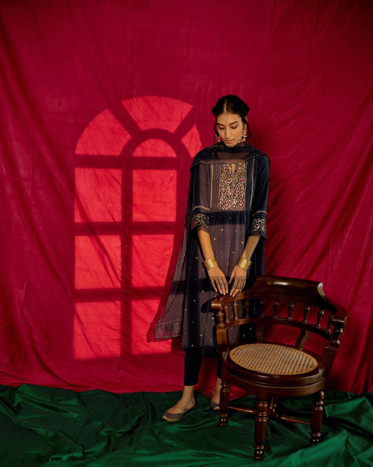 Airforce blue mukaish yoke kurta and pants set with georgette mukaish dupatta - Sohni