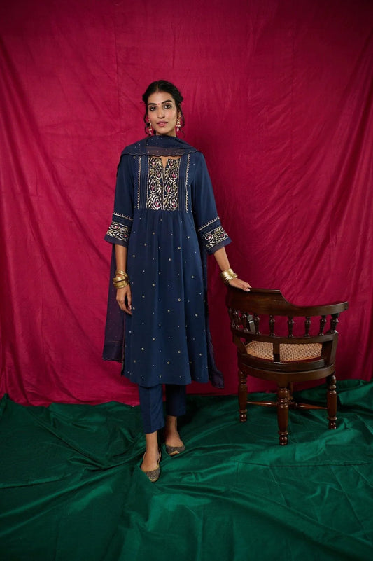 Airforce blue mukaish yoke kurta and pants set with georgette mukaish dupatta - Sohni