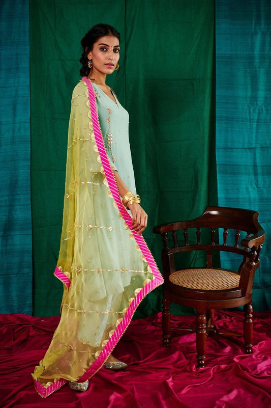 Aqua blue gota patti kalidaar kurta, salwar and yellow organza dupatta - Sohni
