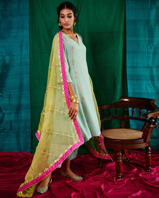 Aqua blue gota patti kalidaar kurta, salwar and yellow organza dupatta - Sohni