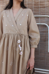 Beige cambric cotton overlap midi dress with mirror motifs embroidery - Sohni
