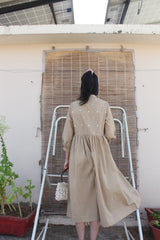 Beige cambric cotton overlap midi dress with mirror motifs embroidery - Sohni