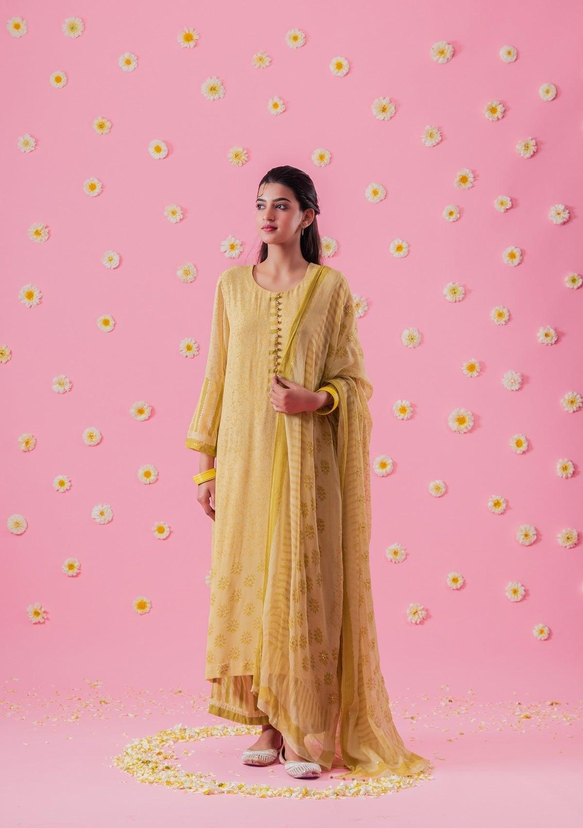 Chartreuse Block Print Georgette Suit Set With Mukaish - Sohni