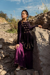 Purple velvet flared kurta with sharara and silk dupatta - Sohni