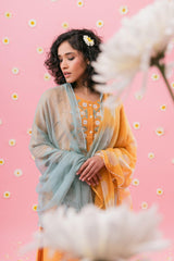 Saffron handloom cotton coord set with appliqué embroidery - Sohni